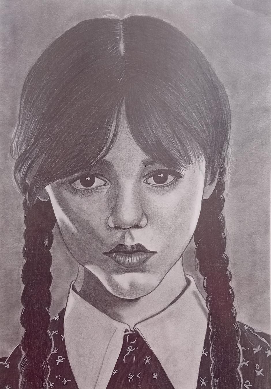 Pencil drawing of Wednesday addams created by Artist Svechchha