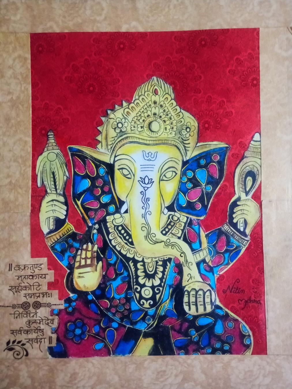 Ganesh ji oil pastel drawing created by Nitin Mahera