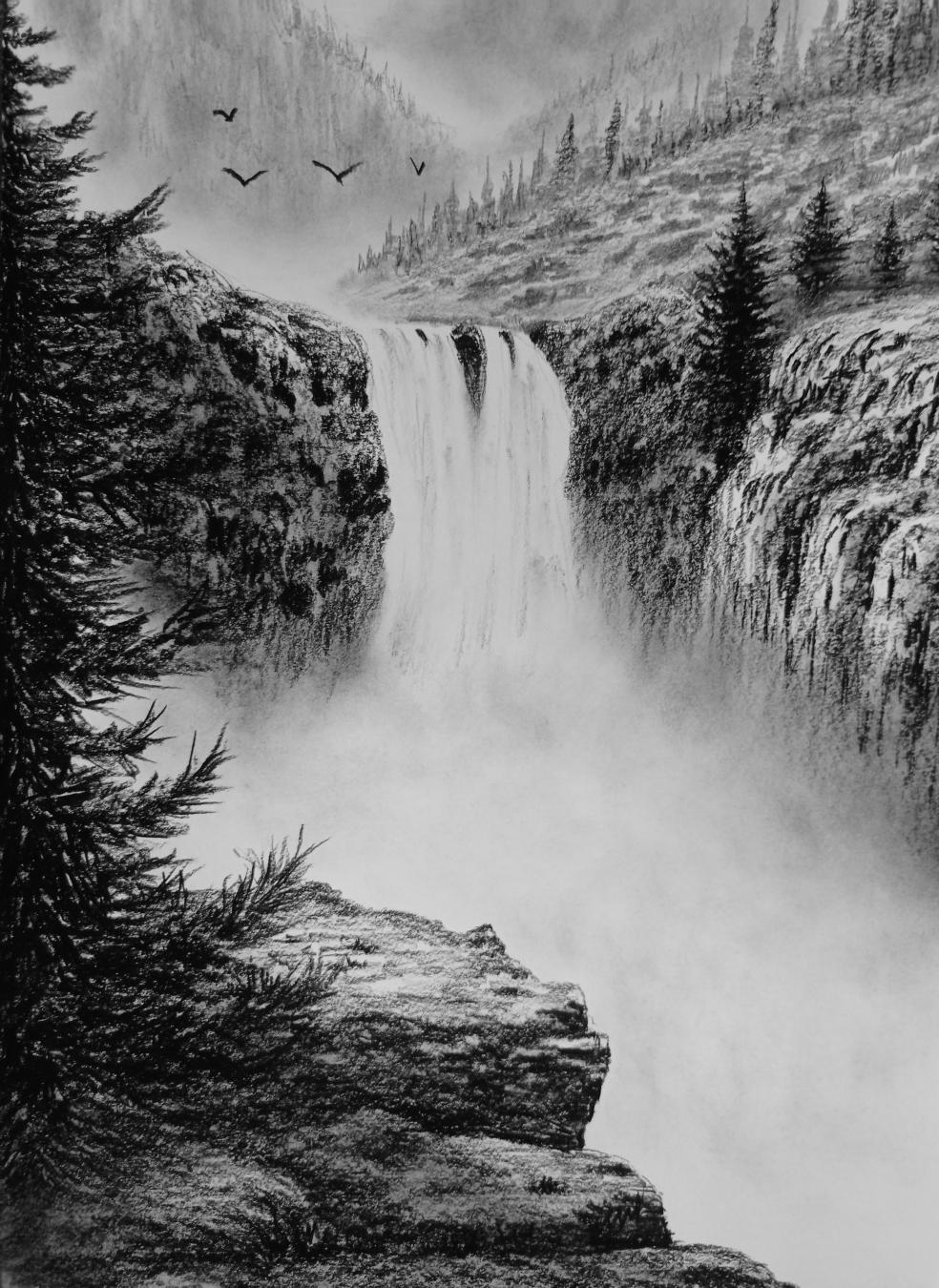 Waterfall landscape scenery drawing art created by Gopal parihar