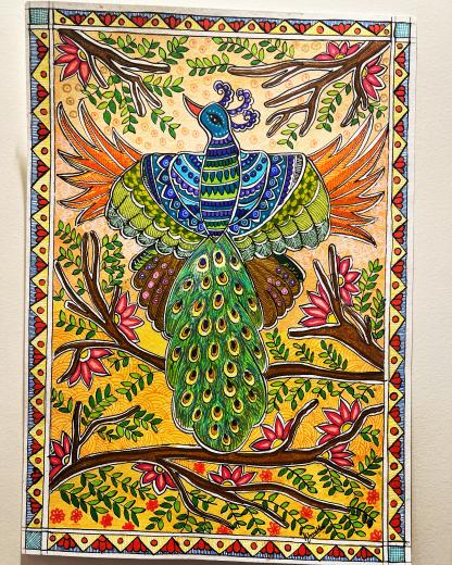 Madhubani peacock created by Khushbu Roy